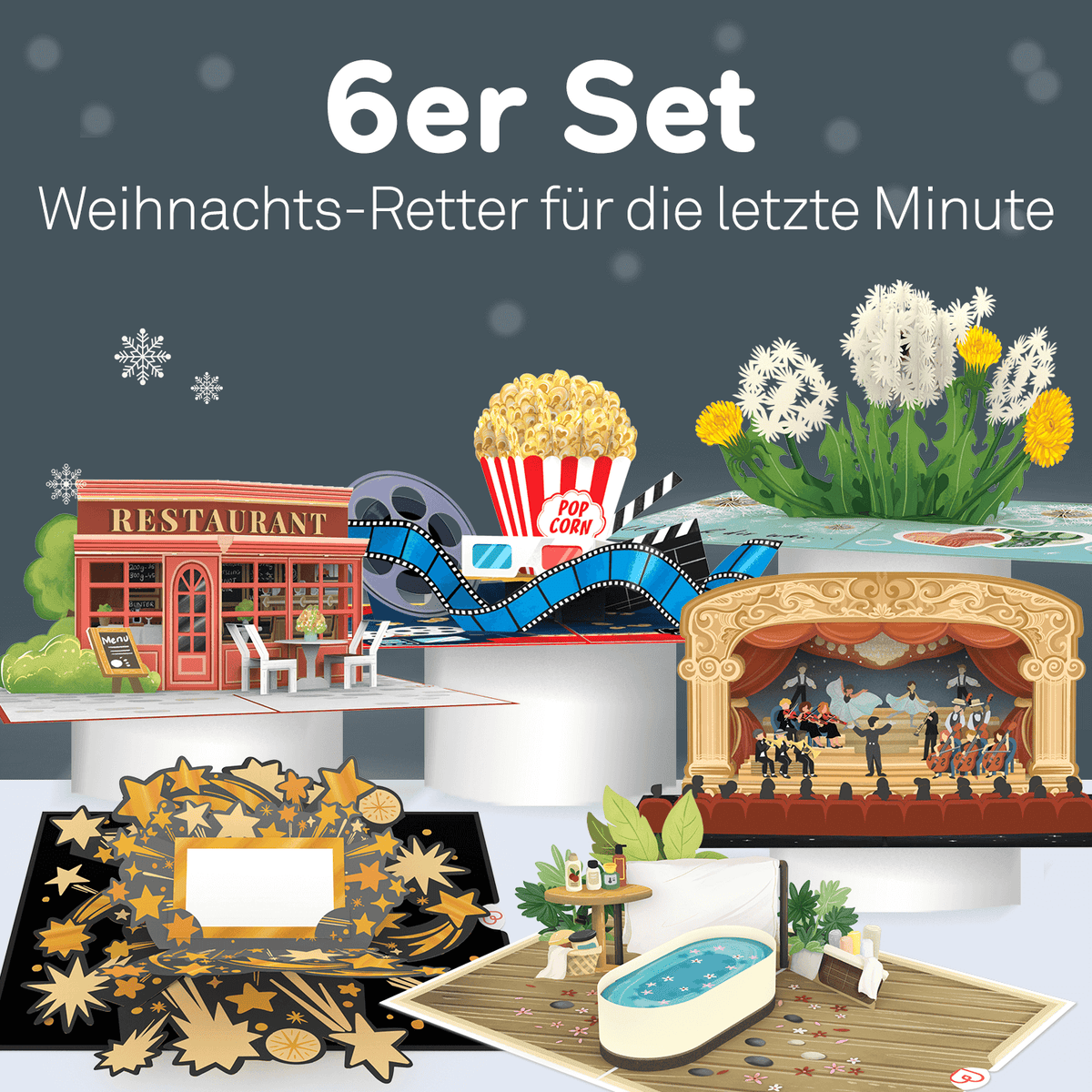 6er Set Pop-Up Karten "Last Minute-Weihnachtsgeschenke"