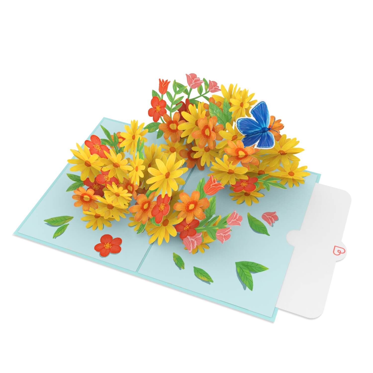 Biglietto Biglietto pop-up con margherite colorate e farfalle
