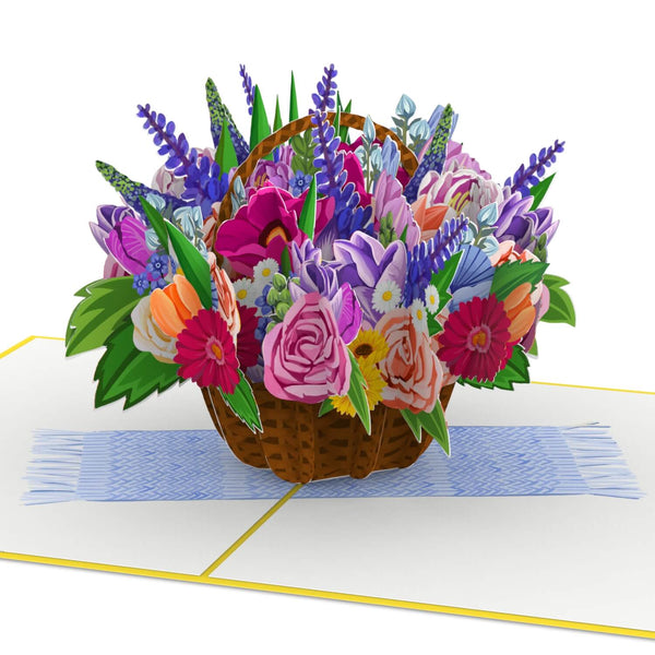 Biglietto pop-up cesto di fiori colorato