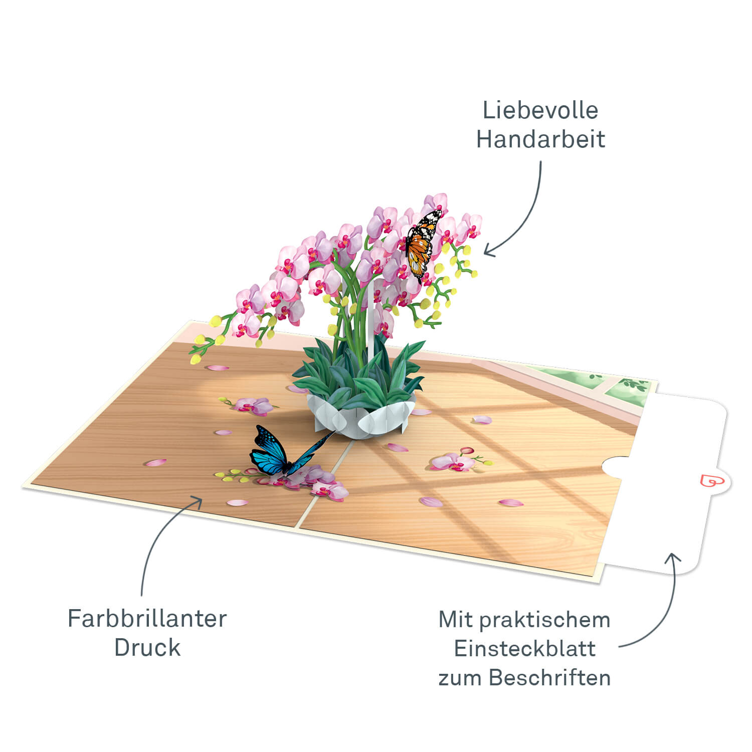 Orchidee mit Schmetterling Pop-Up Karte