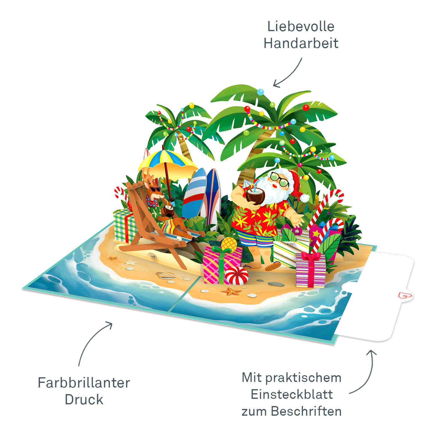 Biglietto pop-up Babbo Natale sulla spiaggia