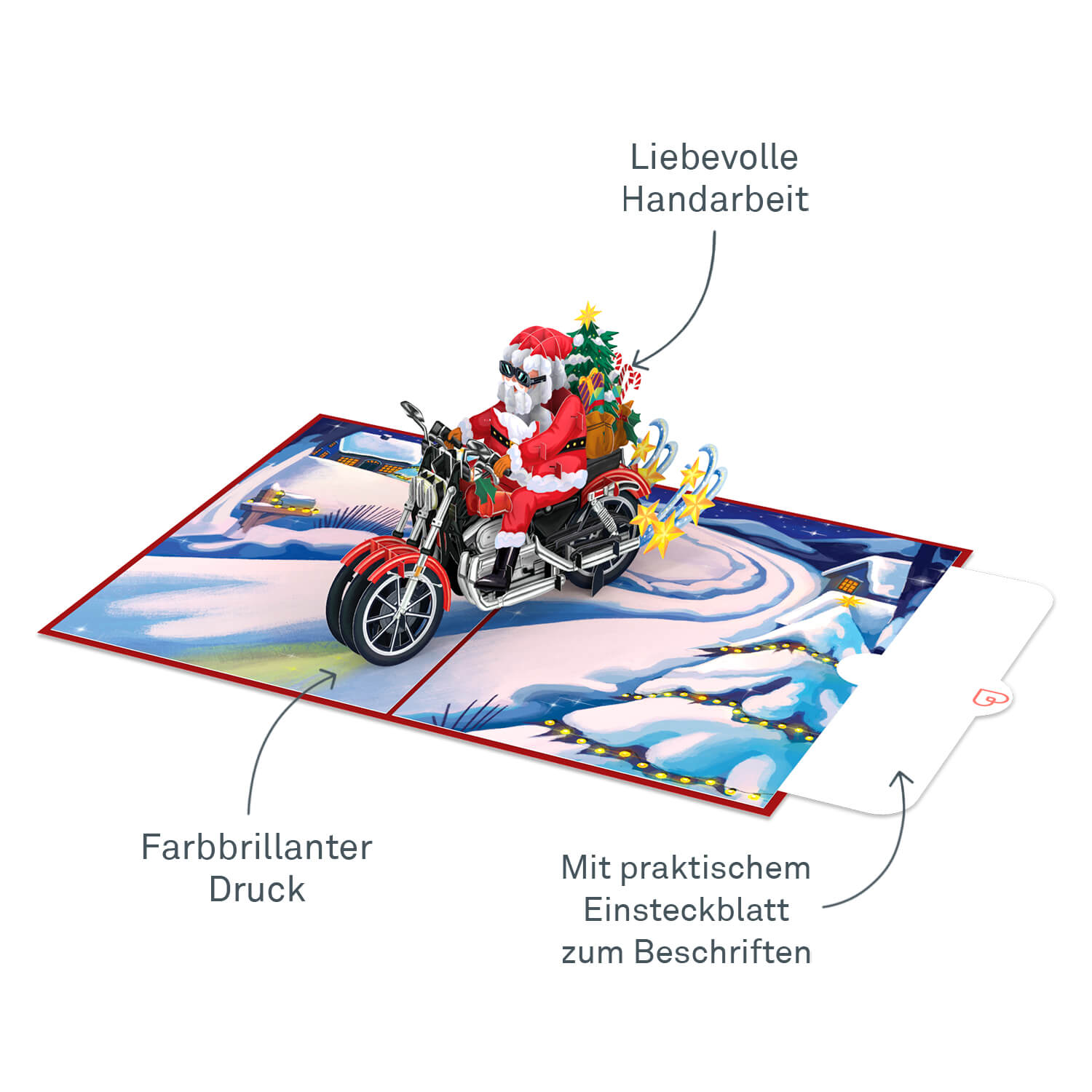 Biglietto pop-up con Babbo Natale su una motocicletta