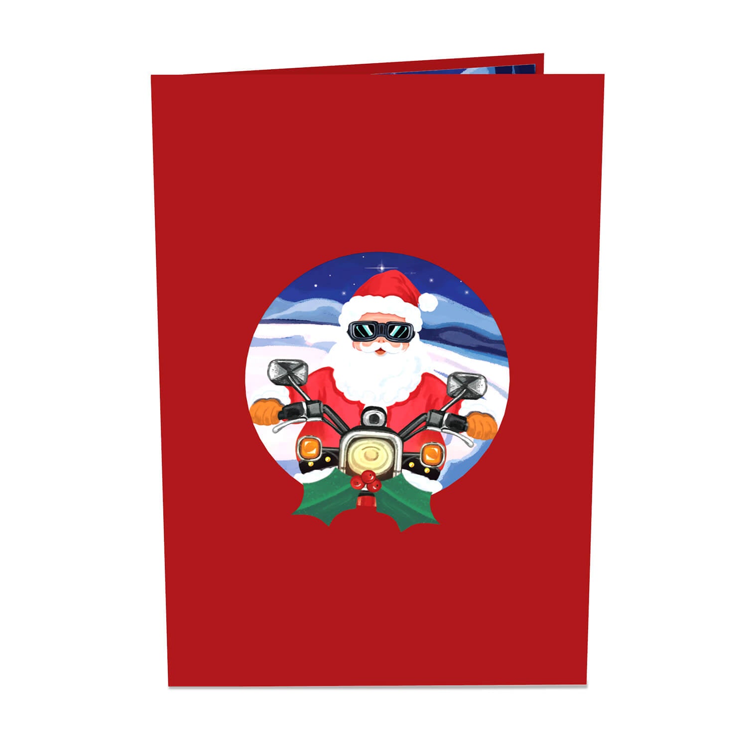 Biglietto pop-up con Babbo Natale su una motocicletta