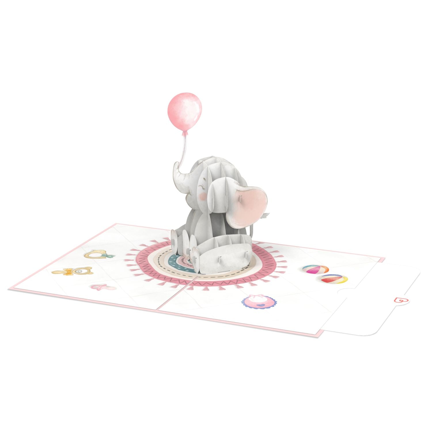 Biglietto pop-up del cucciolo di elefante (rosa).