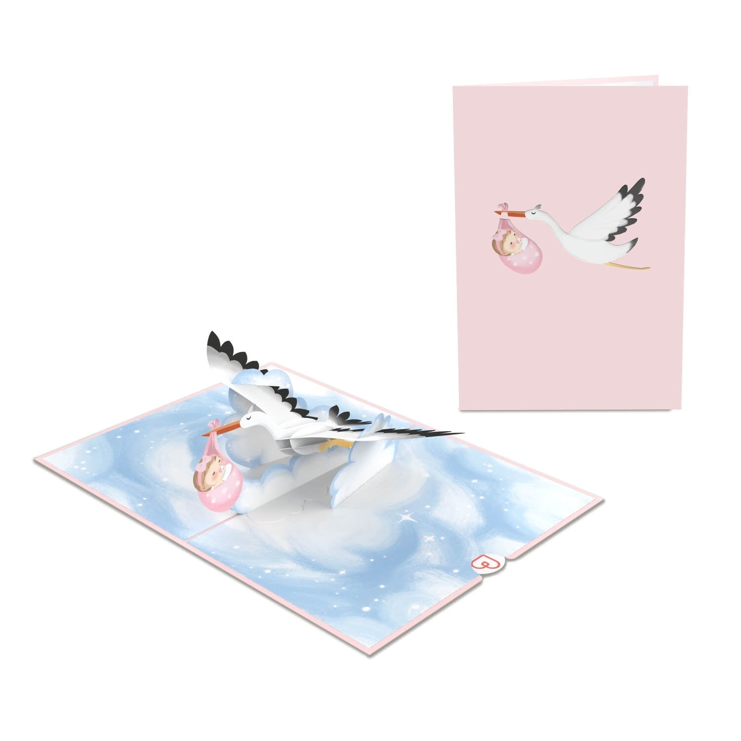 Biglietto pop-up Cicogna e bambino (rosa).