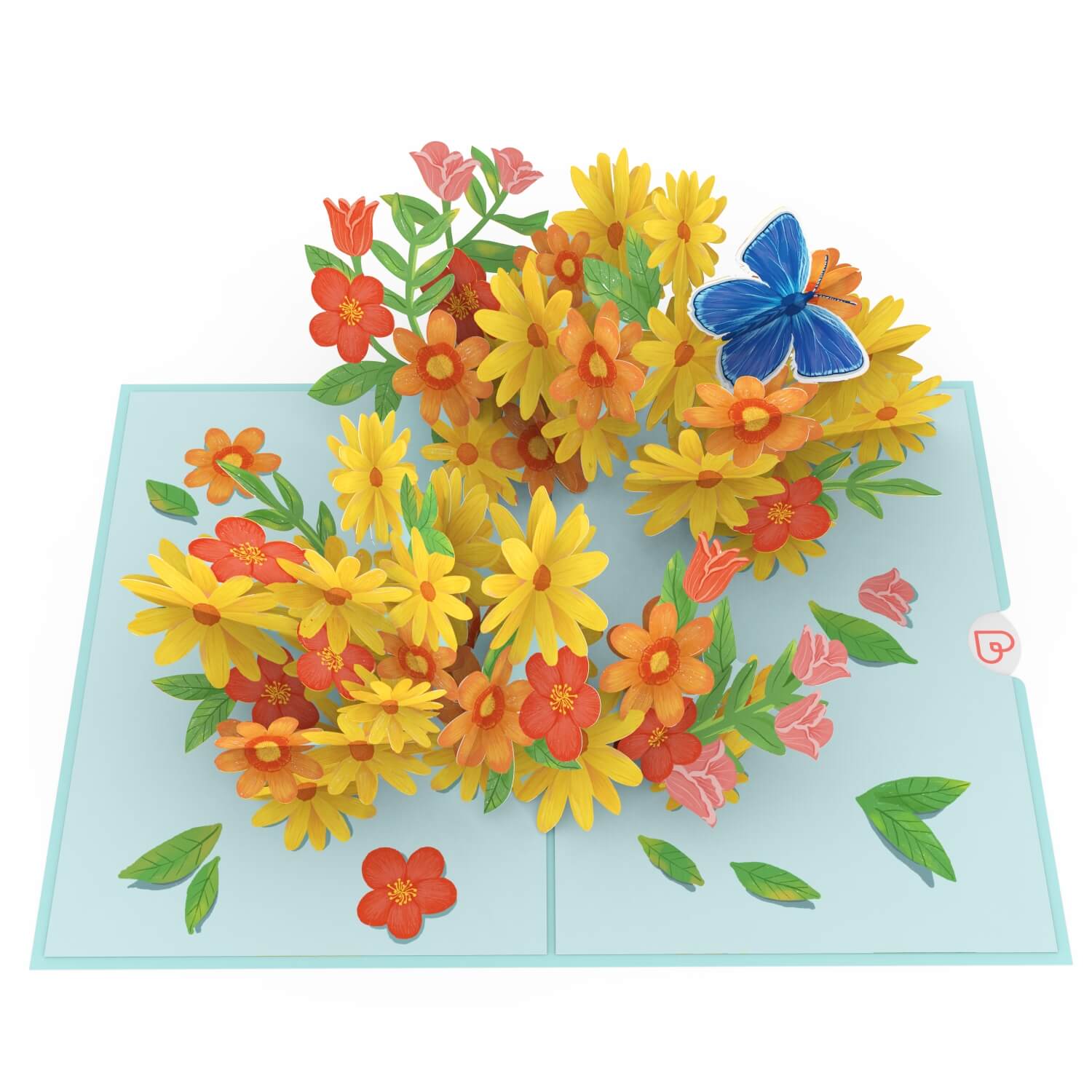 Biglietto Biglietto pop-up con margherite colorate e farfalle