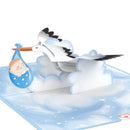 Biglietto pop-up Cicogna e bambino (blu).