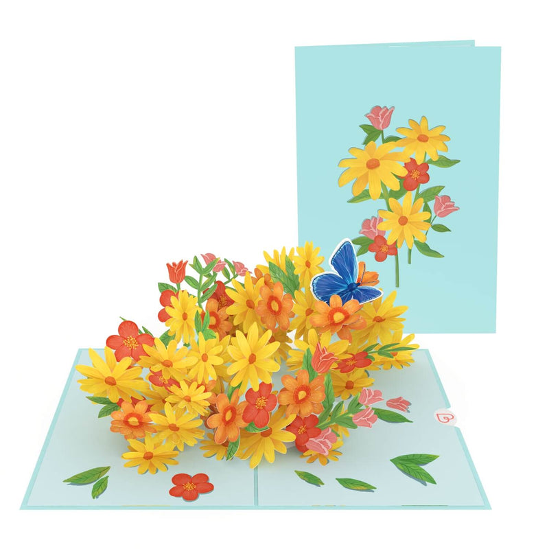 Biglietto Biglietto pop-up con margherite colorate e farfalle