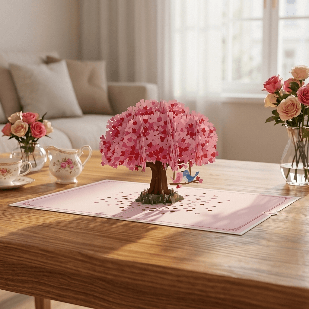 Biglietto pop-up con albero a forma di cuore e tortore