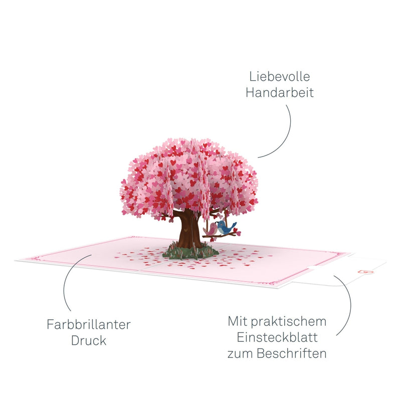 Biglietto pop-up con albero a forma di cuore e tortore