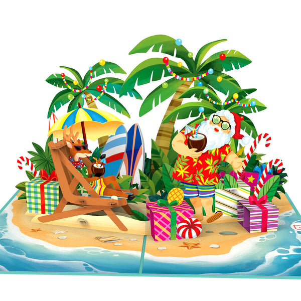 Biglietto pop-up Babbo Natale sulla spiaggia