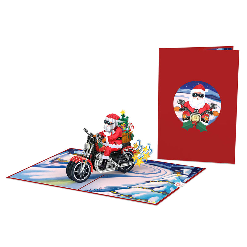 Biglietto pop-up con Babbo Natale su una motocicletta