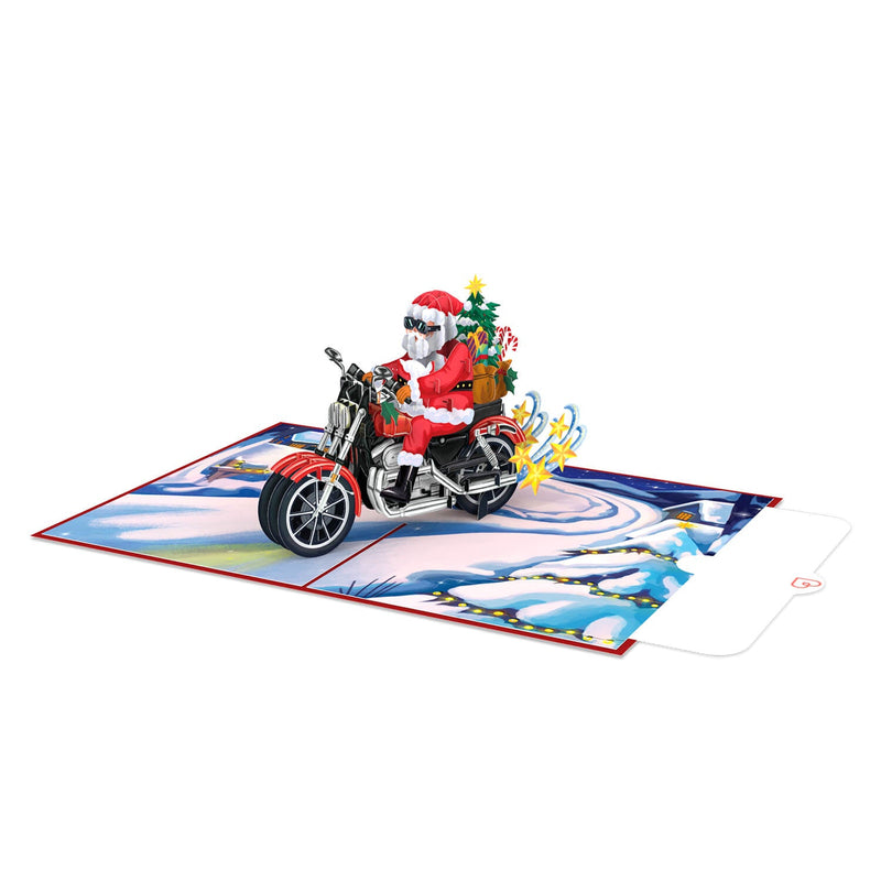 Biglietto pop-up con Babbo Natale su una motocicletta