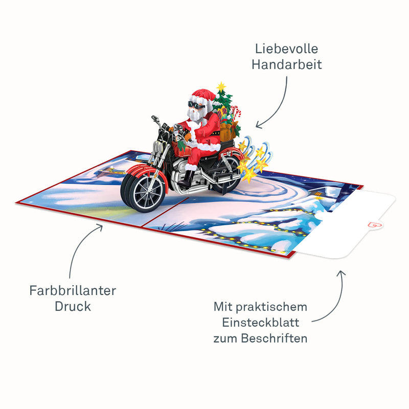 Biglietto pop-up con Babbo Natale su una motocicletta