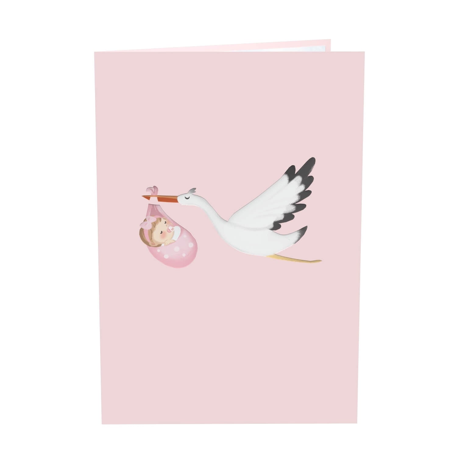 Biglietto pop-up Cicogna e bambino (rosa).