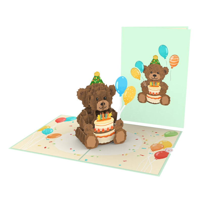 Biglietto Biglietto pop-up orsacchiotto con torta di compleanno