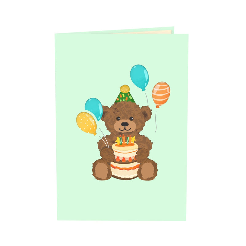 Biglietto Biglietto pop-up orsacchiotto con torta di compleanno