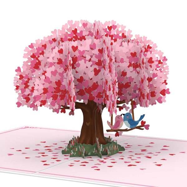 Biglietto pop-up con albero a forma di cuore e tortore