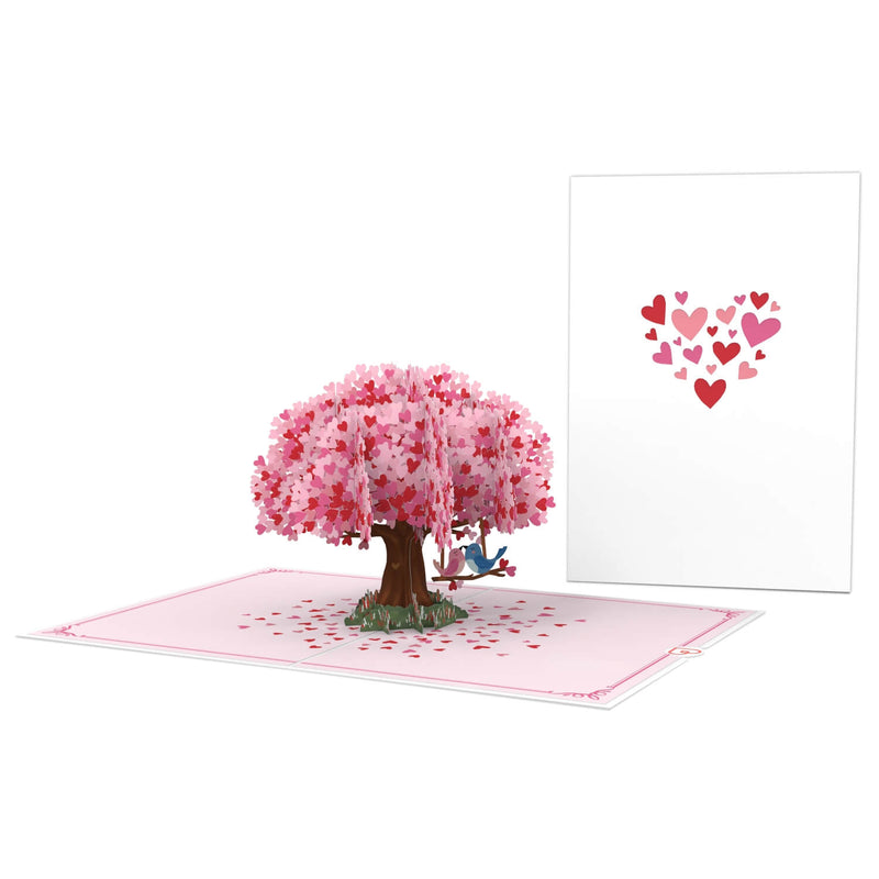 Biglietto pop-up con albero a forma di cuore e tortore