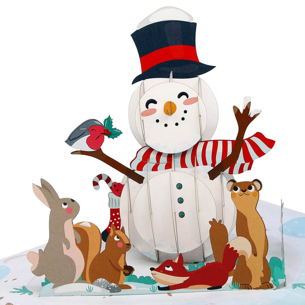 Biglietto pop-up con pupazzo di neve e animali